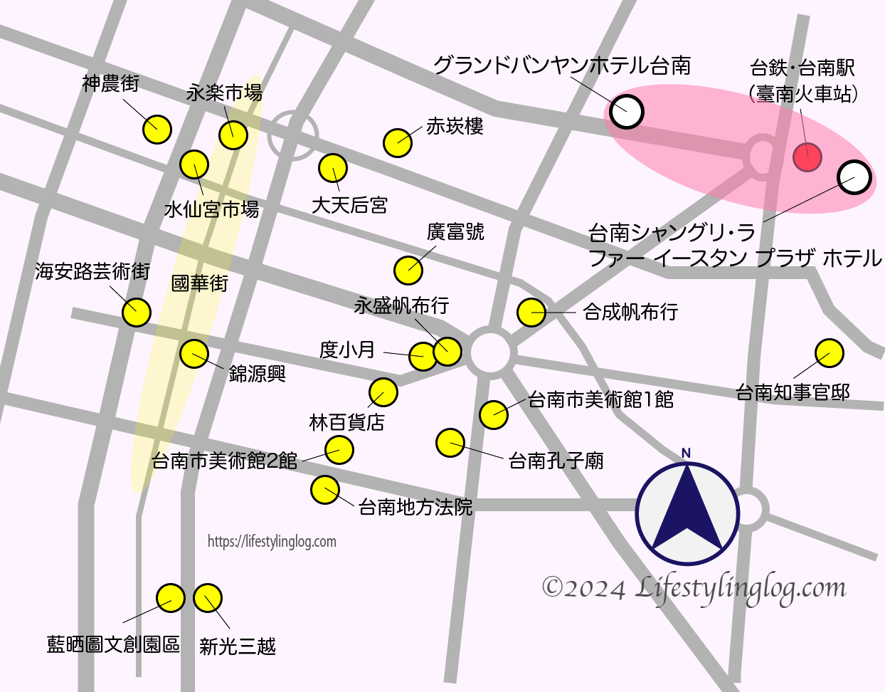 台南の駅前エリアのホテルの位置を示すイメージマップ
