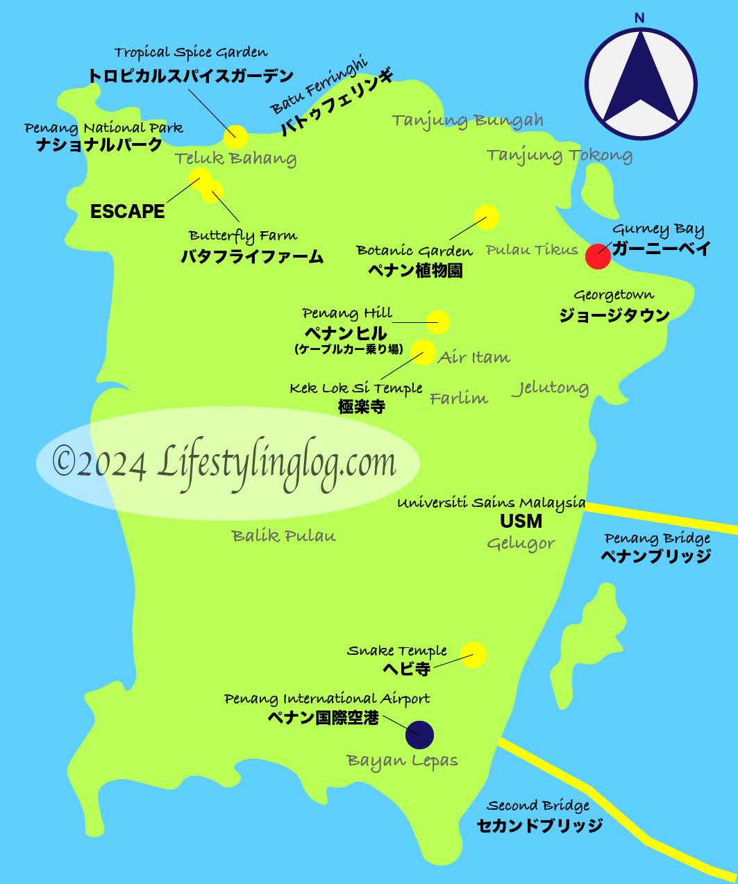 ガーニーベイがある場所を示すペナン島の地図