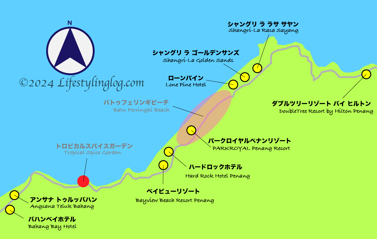 ペナン島のバトゥフェリンギとトゥルッバハンにあるホテルの位置を示すイメージマップ
