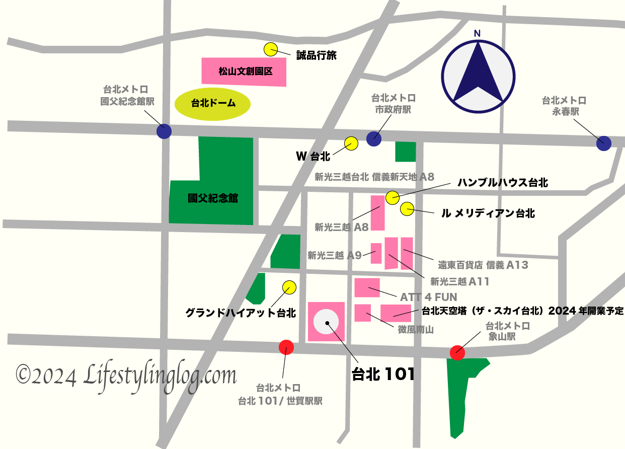 台北101と市政府駅周辺にあるホテルのイメージマップ