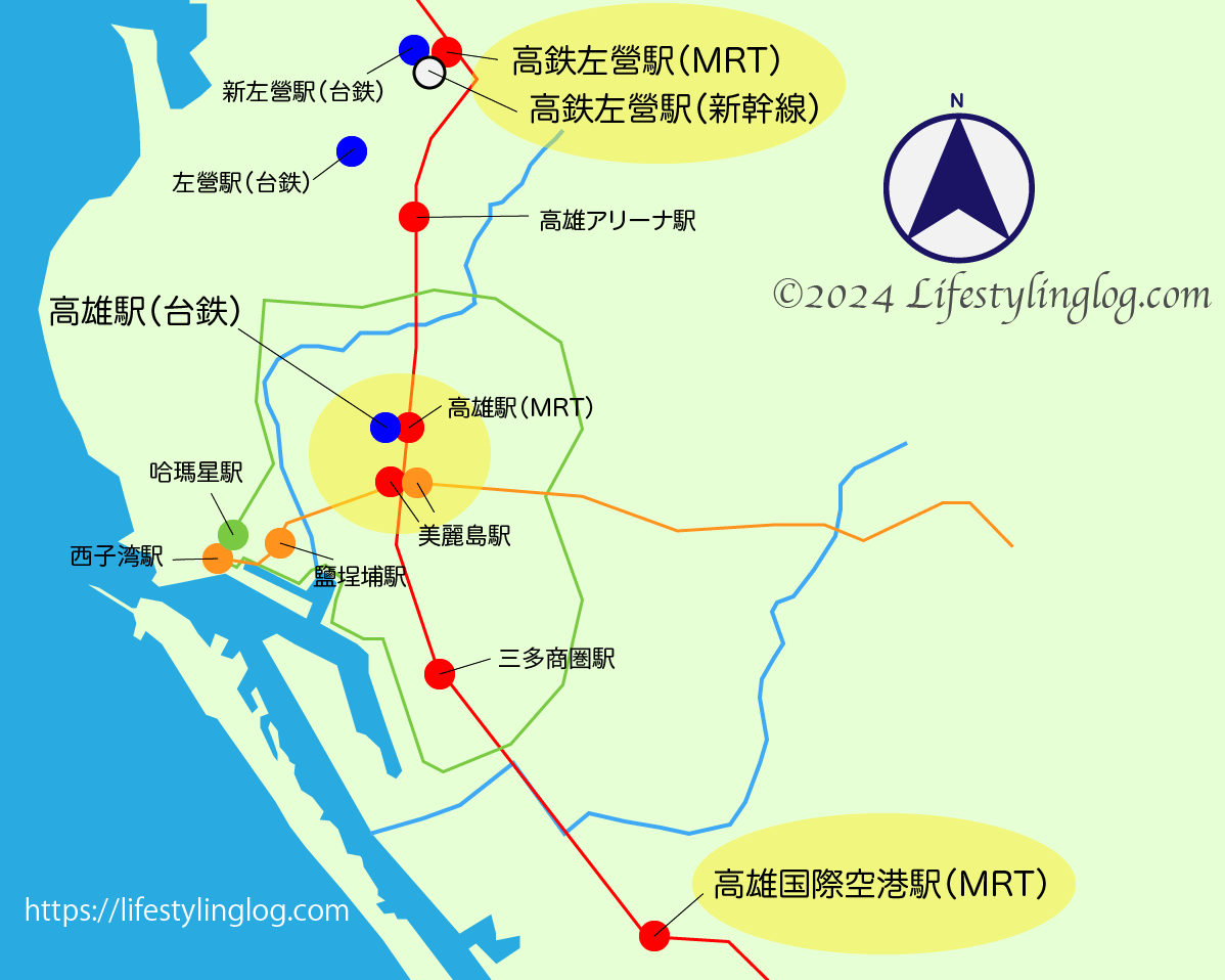 高雄のMRTとLRTと主要スポットの位置関係を示す地図