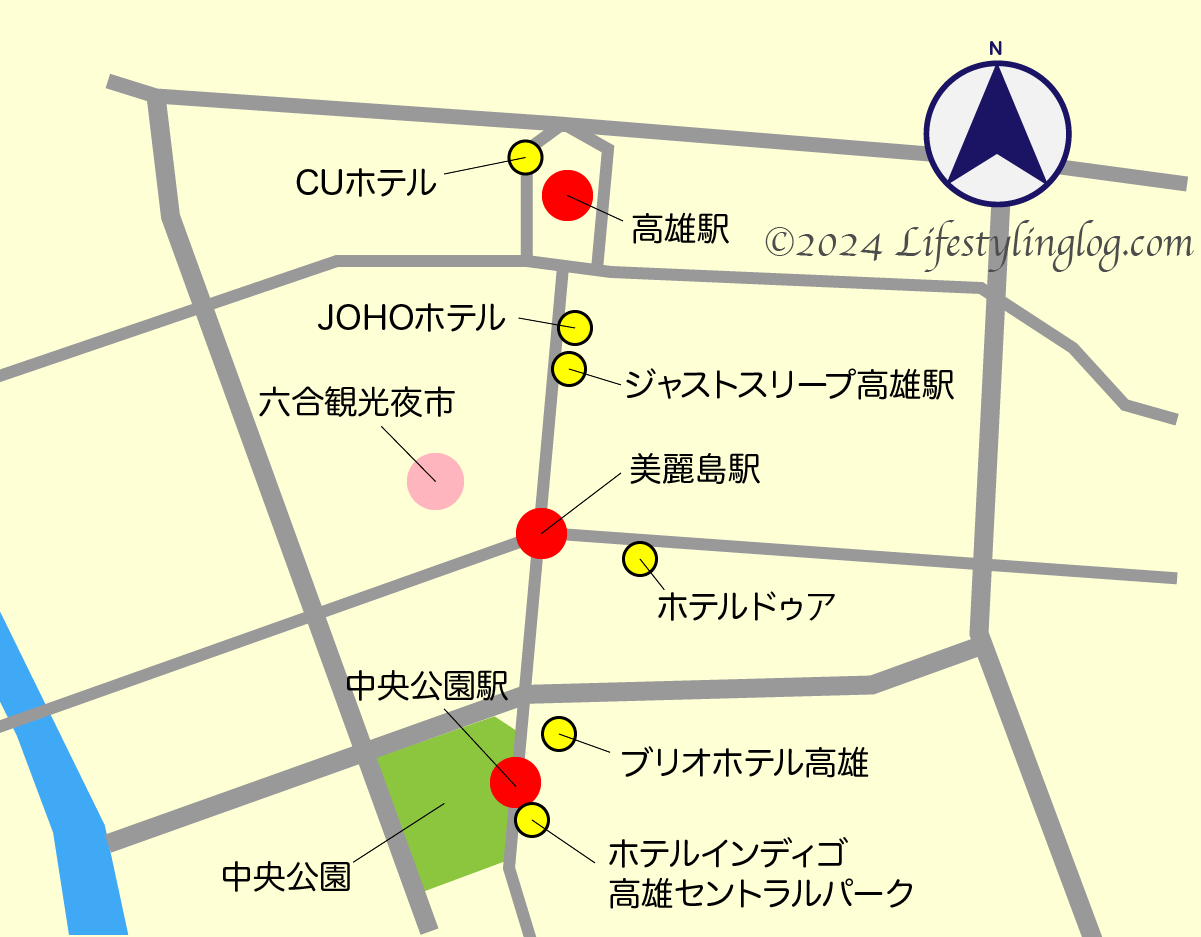 高雄駅、美麗島駅、中央公園駅周辺にあるホテルマップ