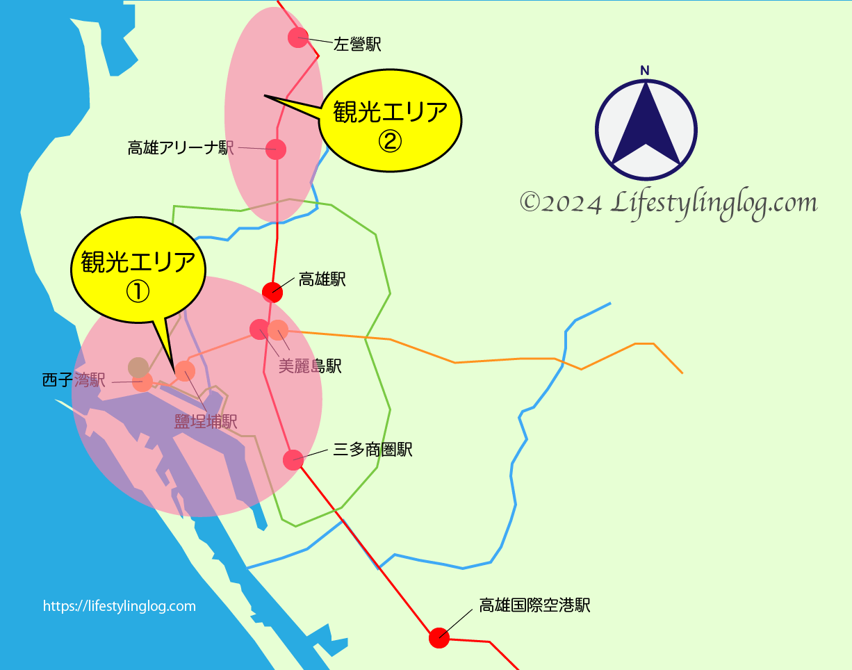 高雄市内の観光エリアを示す地図
