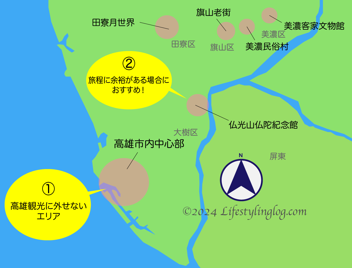 高雄の主要観光エリアを示す地図