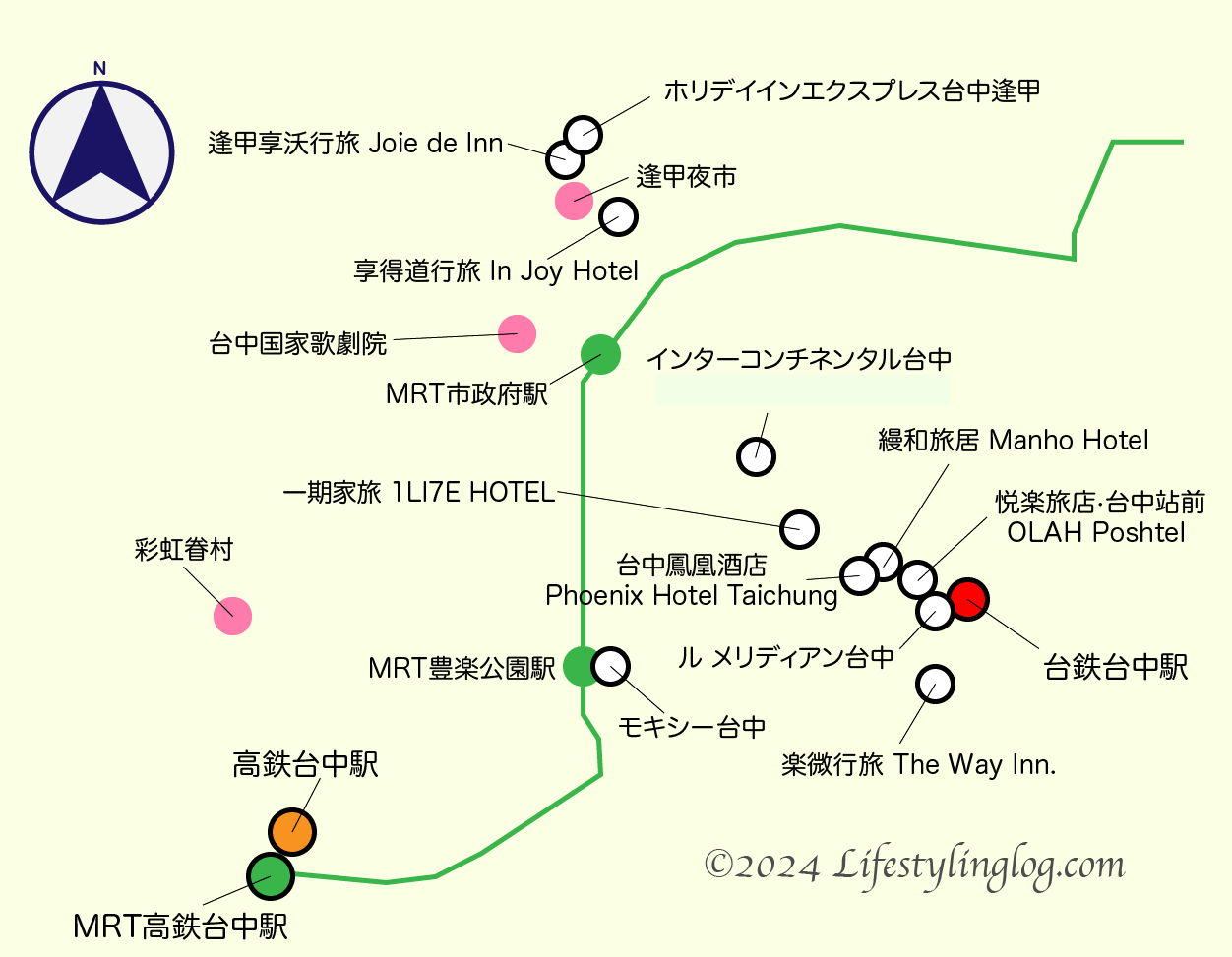 台中の新しいホテルの位置を示す地図（イメージマップ）