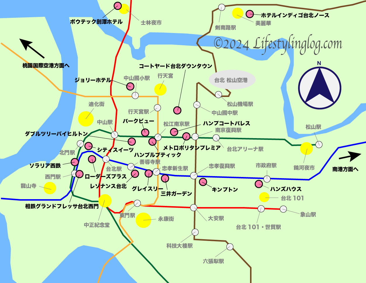台北の新しいホテルの位置を示す地図（マップ）