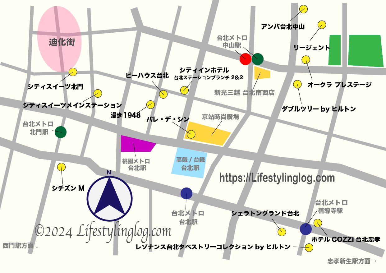 台北駅、北門駅、中山駅、善導寺駅周辺にあるホテルのイメージマップ
