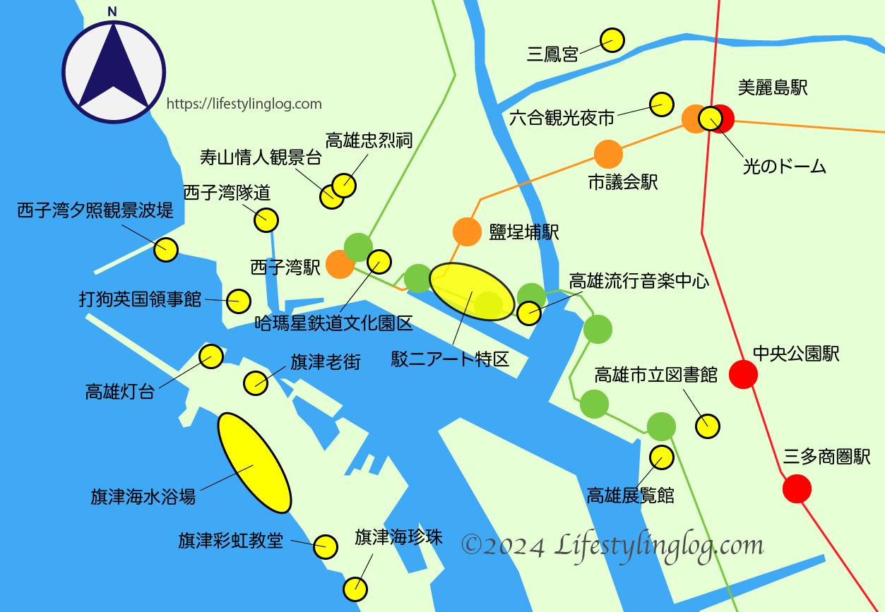 高雄市内中心部の観光スポットの地図