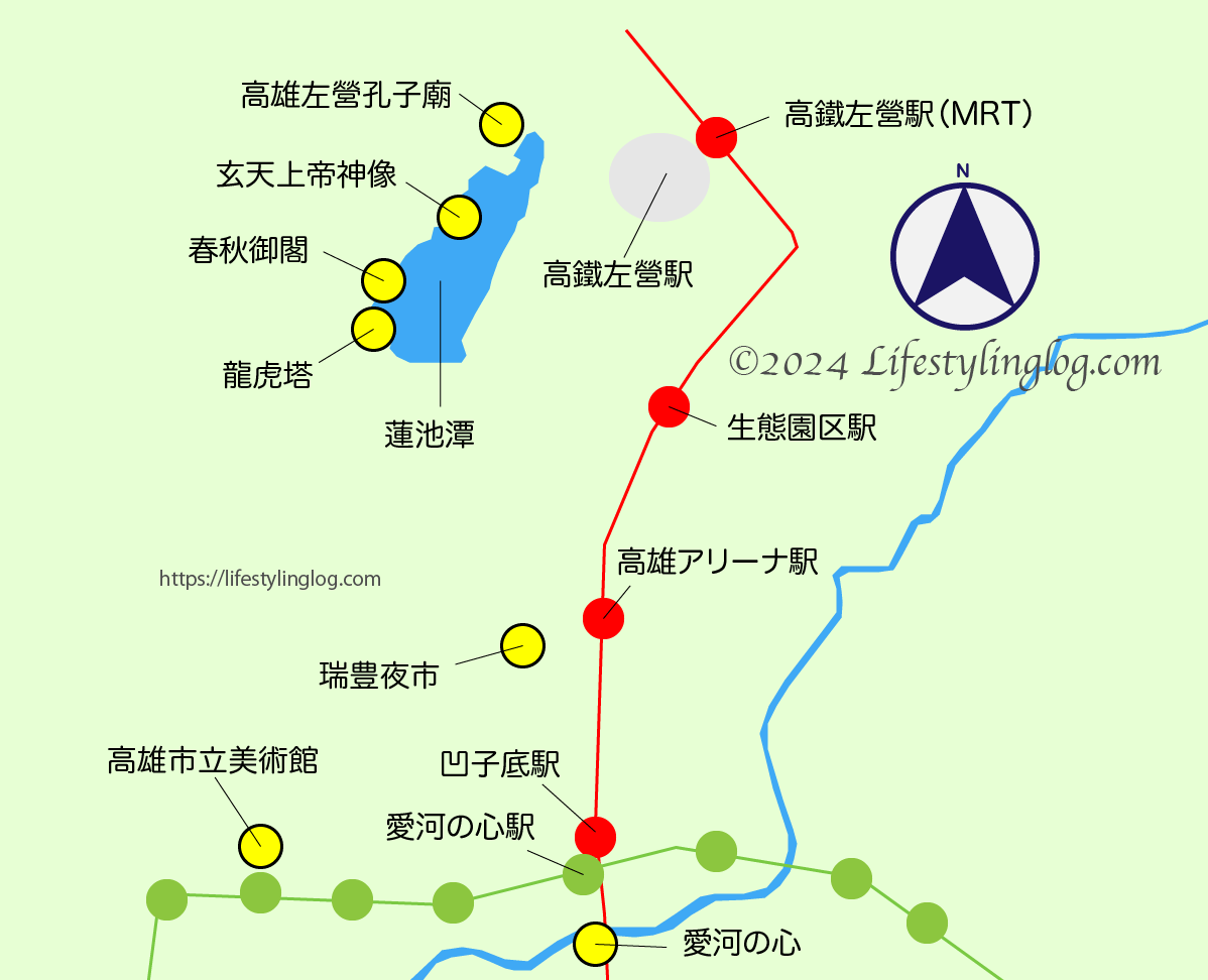 高鉄の左營駅周辺にある観光スポットの地図