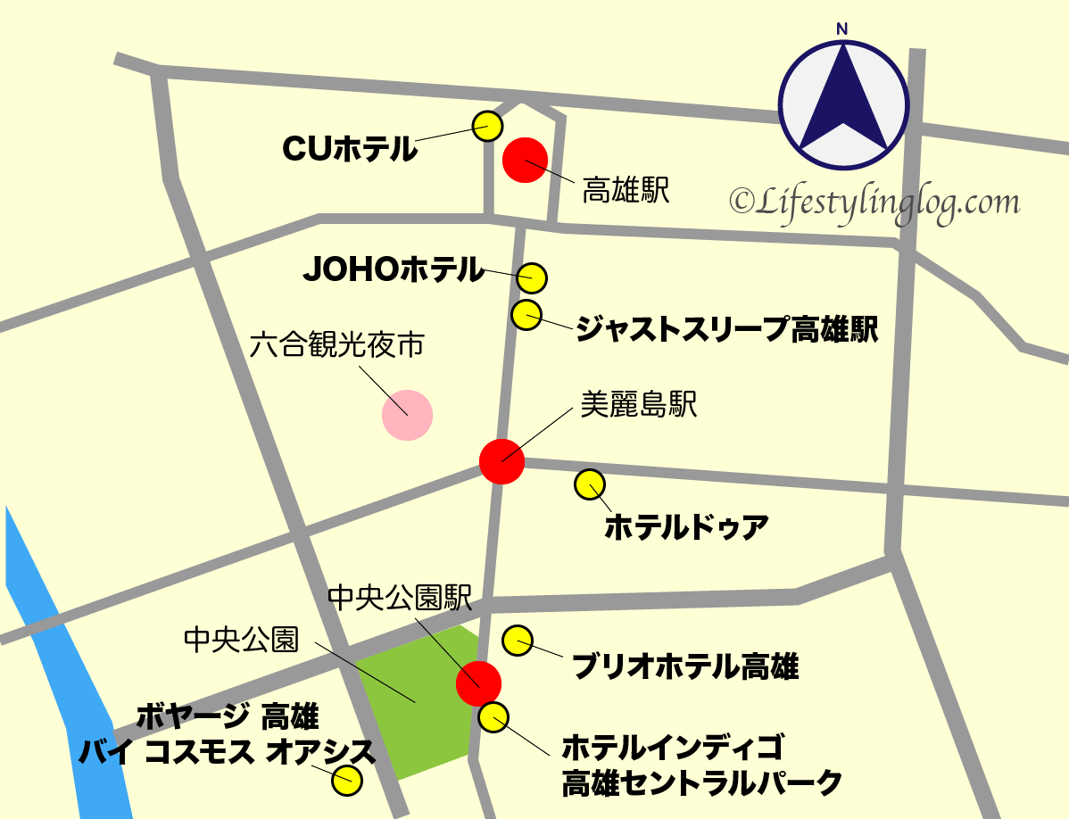 高雄駅、美麗島駅、中央公園駅周辺にあるホテルマップ