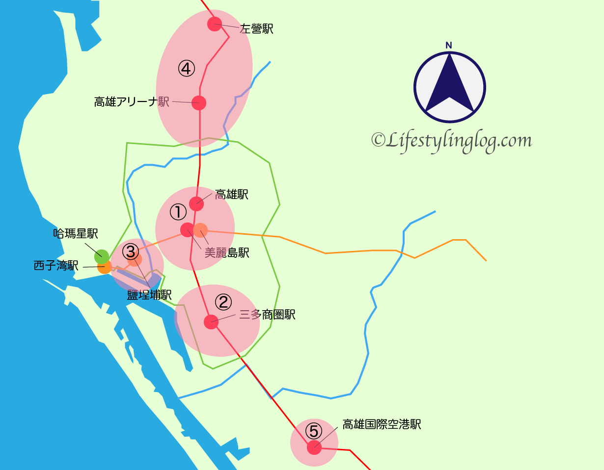 高雄観光に便利な場所にある宿泊エリアの地図