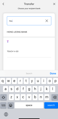 Hong Leong Bankのアプリでタッチアンドゴーを検索しているところ