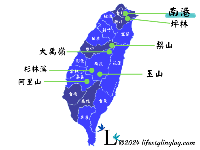 文山包種茶や南港包種茶の生産エリアを示す地図