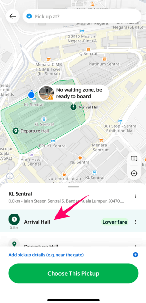 GrabアプリでKLセントラル駅のアライバルホールを選択したところ