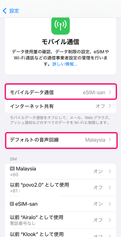 海外でイーシムさんのeSIMを利用する時のiPhoneのモバイル通信設定画面