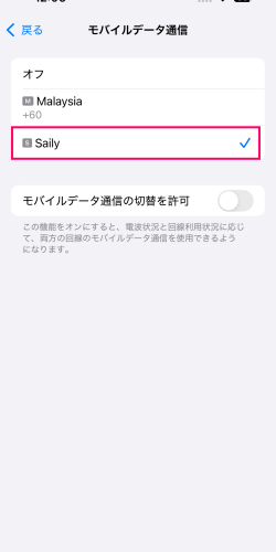 モバイルデータ通信でSailyを選択した画面