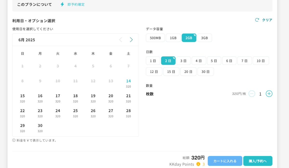 KKdayの台湾eSIMの利用日&オプション選択画面