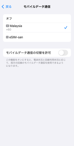 iPhoneのモバイルデータ通信で主回線が選択されている画面