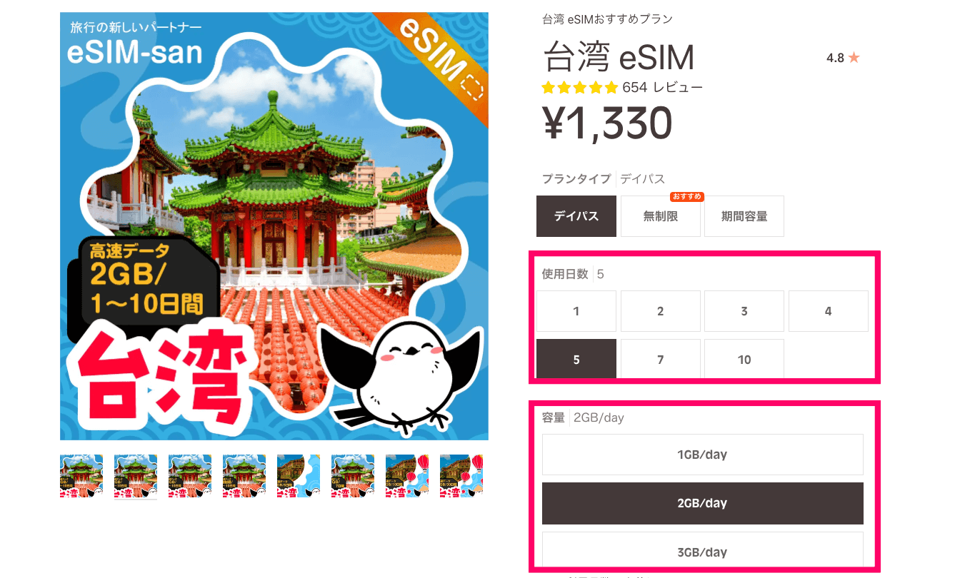eSIM-san（イーシムさん）の台湾eSIMの料金