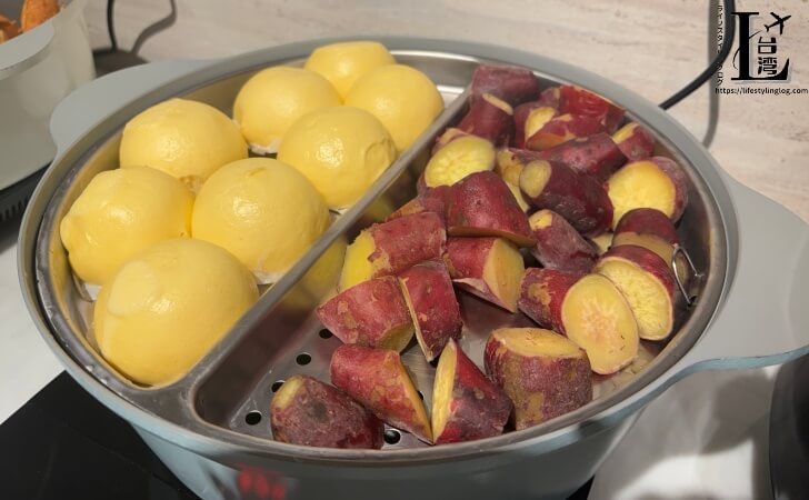 Humble Boutique Hotel(ハンブルブティックホテル)の朝食のカスタード包子とさつまいも