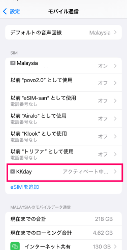 アクティベート中になっているKKdayのeSIM