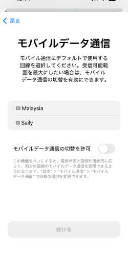 モバイルデータ通信設定画面
