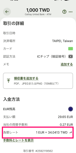 ワイズデビットカードを使い、台湾のATMで現金を引き出した時の交換レート