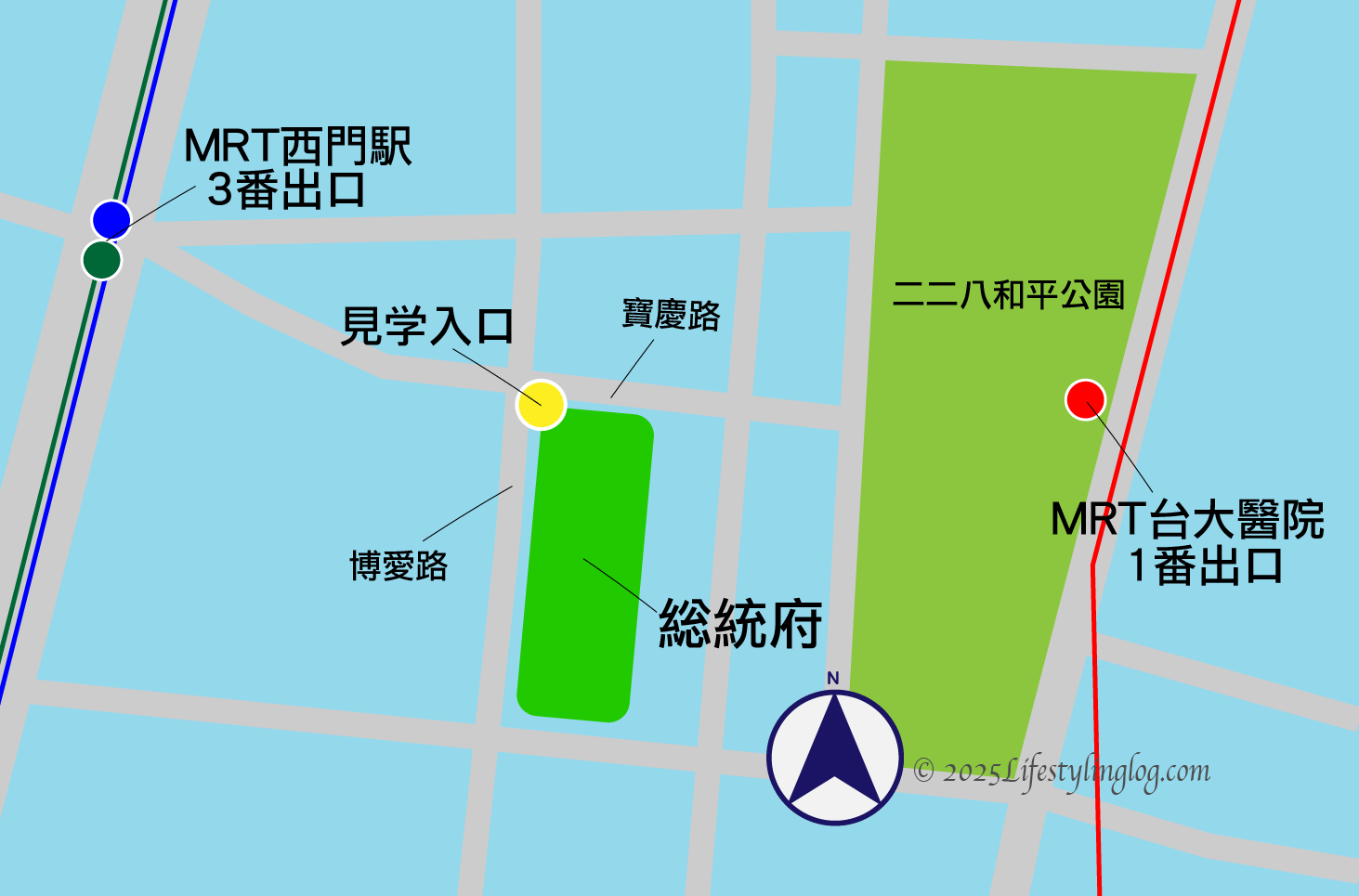 台湾総統府の見学入口の位置を示すイメージマップ（地図）